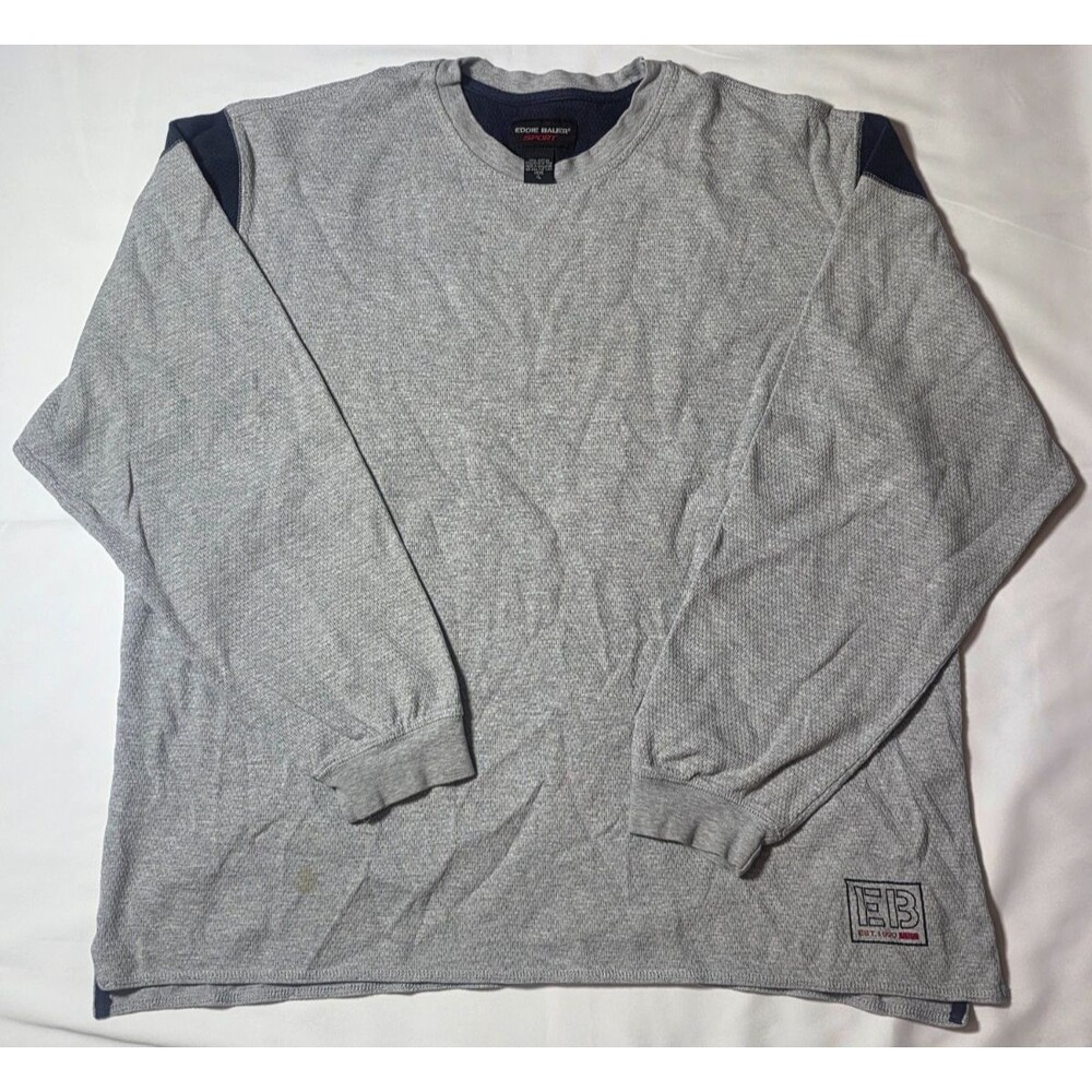 Eddie Bauer Sport Mens XL Gray Navy Waffle Knit Thermal Long Sleeve Shirt